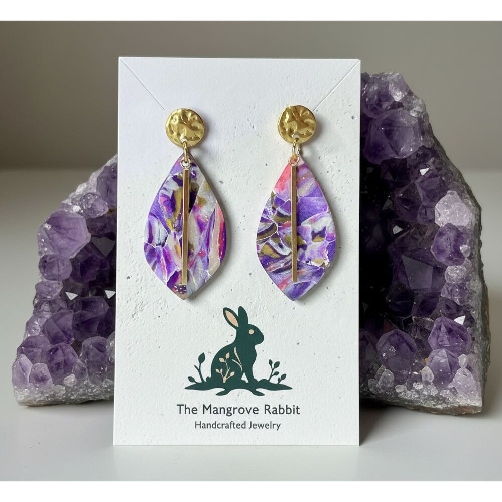 Purple Pink Gold Pearl Marble Design Handmade Polymer Clay Dangle Earrings SS